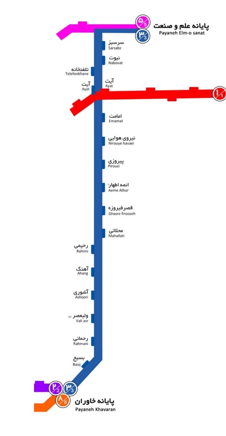 نقشه خط ۳ اتوبوس تندرو تهران
